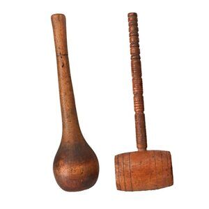Antique Primitive Wooden Mallet & Pestle Rustic Farmhouse Wood Masher